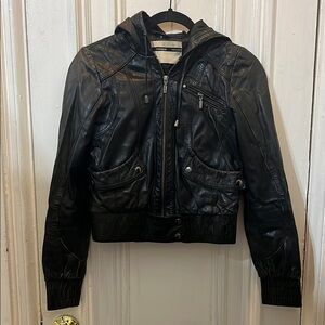 Topshop Cropped Black Leather Bomber Jacket with Hood